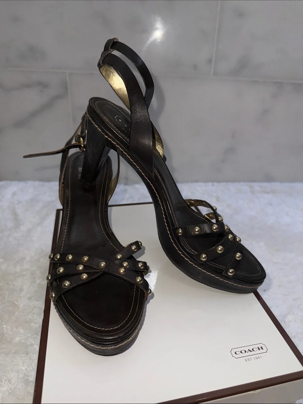 Coach Black Leather Studded Platform Sandals with Gold Accents 8 1/2 w/box